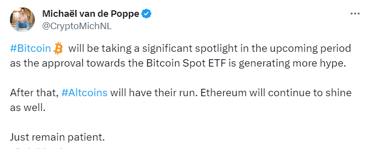 به گفته تحلیلگر Michaël van de Poppe، افزایش قیمت بیت کوین در آینده با تایید احتمالی ETF بیت کوین اسپات انتظار می رود.