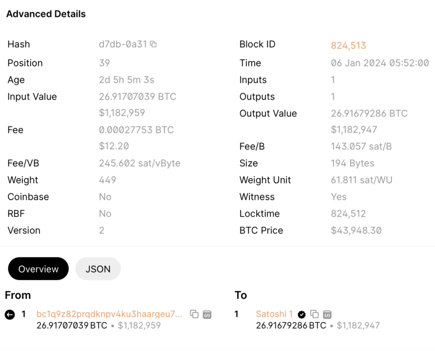 تراکنش به کیف پول ساتوشی 1 در 6 ژانویه. منبع: Blockchain.com